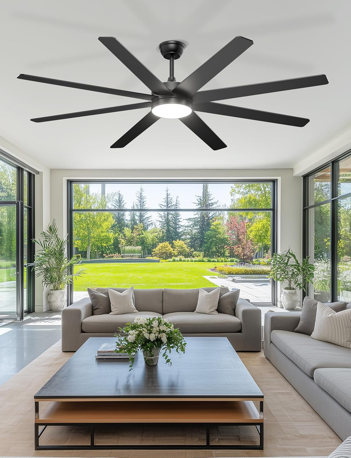 72'' Large Ceiling Fans with Lights, Modern Black Ceiling Fan Remote/App Control, Dimmable, Quiet DC Motor Big Ceiling Fan for Indoor/Covered Outdoor