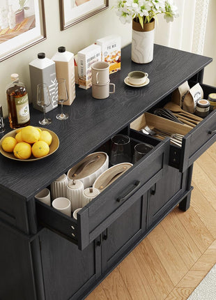 48-Inch Farmhouse Buffet Cabinet with Storage, Featuring 2 Drawers and 3 Doors, Wood Coffee Bar Cabinet with Adjustable Shelves for Kitchen and Living Room, Black Finish