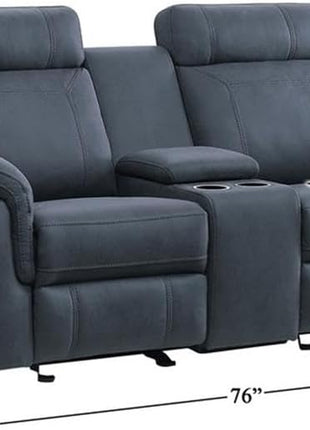 Glider Motion Loveseat Recliner with Stainless Steel Cup Holders and Central Storage Console, Upholstered Reclining Sofa for Living Room and Home Theatre, Polished Blue Microfiber Finish