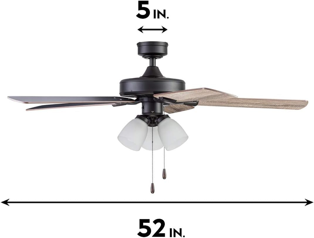 Ceiling Stannor 52" Bronze Indoor Fan with Frosted 3 Light LED Multi Arm E26/A15 Bulb and Pull-Chains, Traditional Style, 5 Reversible Barnwood/Northern Ebony Blades, 51434