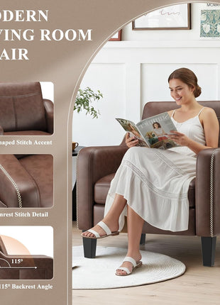Mid-Century Modern Set of 2 PU Leather Accent Chairs with Removable Cushions and Stitched Armrests in Chocolate Brown
