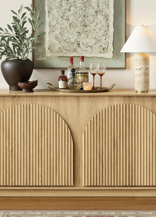 65-Inch Contemporary Fluted Sideboard Buffet Cabinet with Double-Layered Arch Doors, Oak Wood Accent Console for Living Room, Dining Room, Hallway, and Entryway