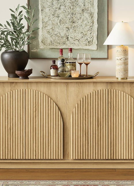 65-Inch Contemporary Fluted Sideboard Buffet Cabinet with Double-Layered Arch Doors, Oak Wood Accent Console for Living Room, Dining Room, Hallway, and Entryway