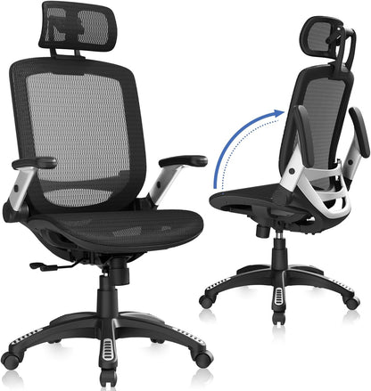 Ergonomic Office Chair, High Back Home Desk Chair with Headrest, Flip-Up Arms, 90-120° Tilt Lock and Wide Cushion, Big and Tall Mesh Chairs for Man Woman, Black Task Chair