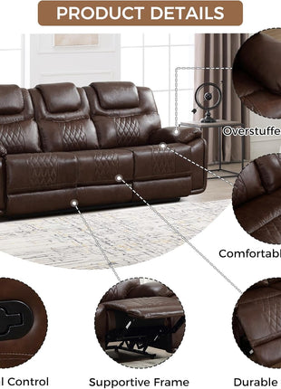 Genuine Leather Three-Seat Manual Reclining Sofa with Overstuffed Armrests, Ideal for Living Rooms, Meeting Rooms, and Bedrooms, Dark Brown