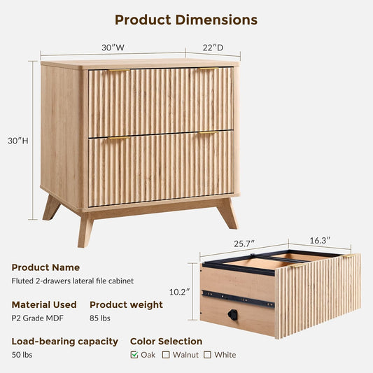 2 Drawer File Cabinet, 30" Fluted Lateral File Cabinet W/Files Hanging Rod for Letter/Legal/A4, Large Tabletop for Printer, Office Wood Printer Cabinets, Natrual Oak