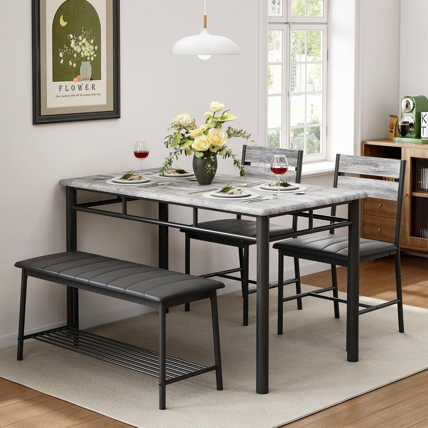 Dining Table Set for 4, Kitchen Table with Upholstered Bench and 2 Chairs, Kitchen Table and Chairs Set for Small Space, Apartment, Gray