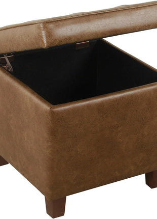 Square Tufted Storage Ottoman in Distressed Brown Faux Leather with Compact Design