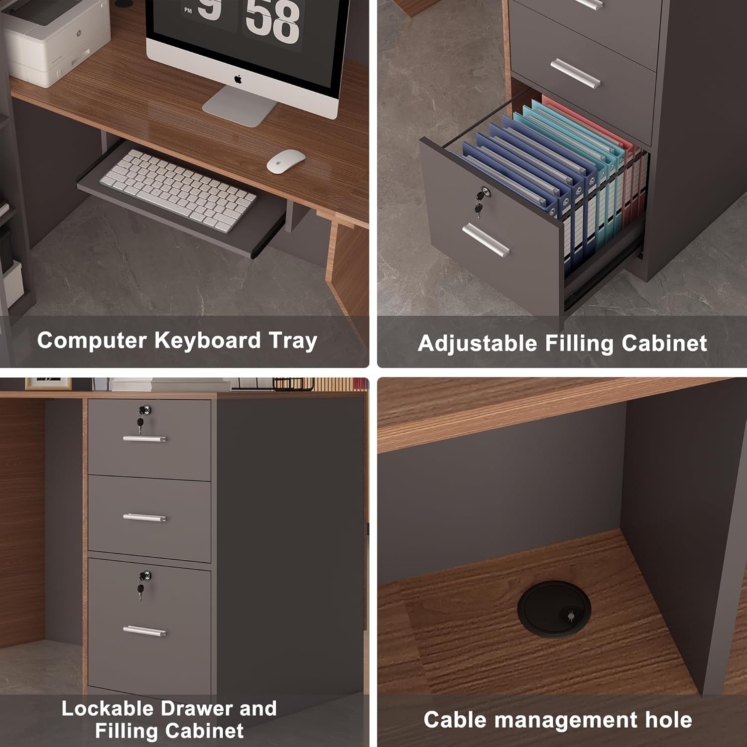 L-Shaped Reception Desk with Lockable Drawers, Adjustable File Cabinet & Keyboard Tray, Modern Front Counter for Office, Salon, or Lobby (Right-L Walnut/Slate Gray, 70.9''L X 23.6''W X 41.3''H)