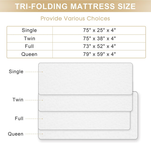 Folding Mattress, 4 Inch Memory Foam Tri-Fold with Breathable Bamboo Fiber Fabric Cover, Foldable Floor Mattress Guest Bed for Camping, Road Trip, Single