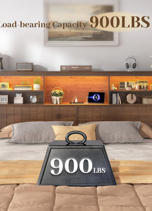 King Size Bed Frame with Four Storage Drawers, Integrated Headboard with LED Lighting and Charging Ports, No Box Spring Required, Noise-Free Wooden Construction, Brown Finish