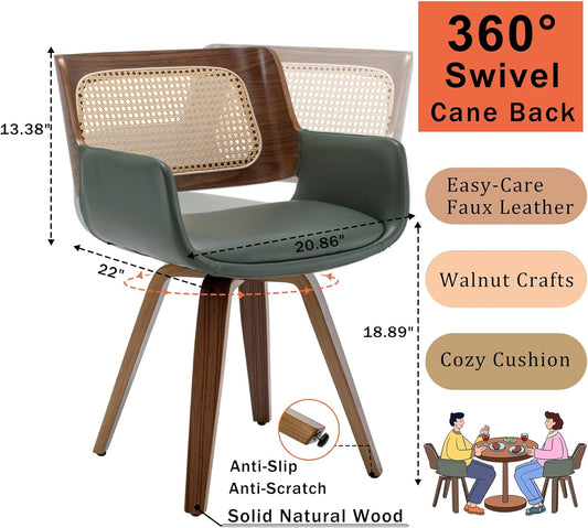 Set of 4 Dining Room Chairs with Arms - Swivel Cane Dining Chairs with Ergonomic Rattan Back, Walnut Bentwood Frame, Curved Arms, Versatile for Restaurant/Living Room/Kitchen (Walnut Green)