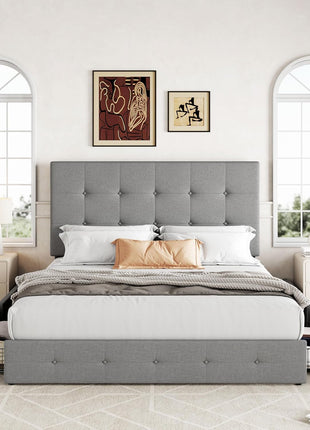 Queen Size Upholstered Platform Bed Frame with 4 Storage Drawers and Headboard, Square Stitched Button Tufted Design, Mattress Foundation with Wooden Slats Support, No Box Spring Required, Light Grey