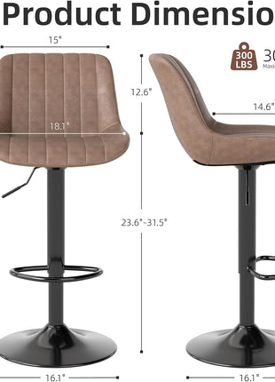Set of 3 Adjustable Swivel Counter Height Bar Stools with Backrest, Modern Armless Design in Light Brown PU Leather