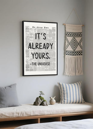 Framed Black and White Retro Newspaper Wall Art - "It's Already Yours" Universe Quote - Inspirational Canvas Print for Bedroom, Office, Apartment, and Dorm - 8x12 Inches