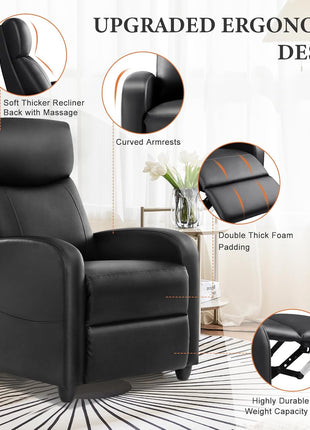 Adjustable Massage Recliner Chair with Lumbar Support for Adults, Modern Fabric Home Theater Seating in Black
