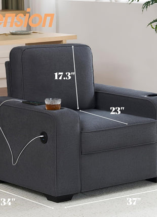 Contemporary Chenille Sofa Chair with Integrated Cup Holders and USB Ports, Charcoal Grey Upholstered Seating for Living Room