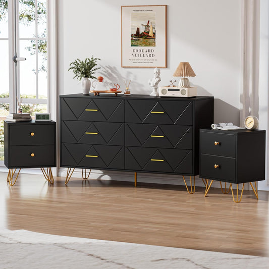 3 Pcs Bedroom Sets, Large 6 Drawer Dresser and Night Stand Sets for Bedroom, Two Drawers Nightstand Set of 2 & 6 Drawer Dresser 3 Pieces (Black)