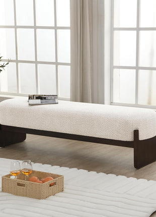 Arden Minimalist Rectangular Loop Yarn Fabric Ottoman Bench with Rubberwood Frame for Versatile Entryway and Living Room Seating in Beige and Brown