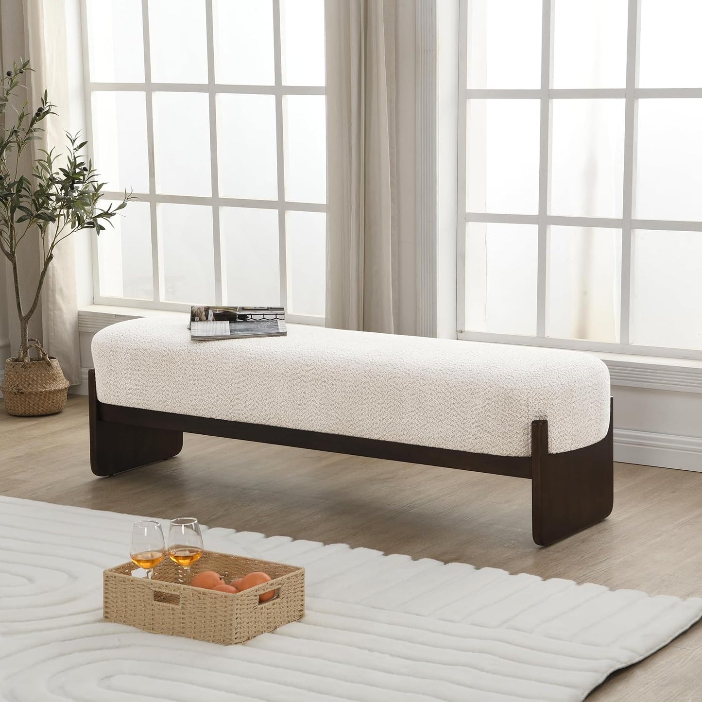 Arden Minimalist Style Rectangular Loop Yarn Fabric Ottoman Bench, Rubberwood Frame, Entryway Bench, Living Room Sofa Extra Seat, End of Bed Footstool, Beige+Brown