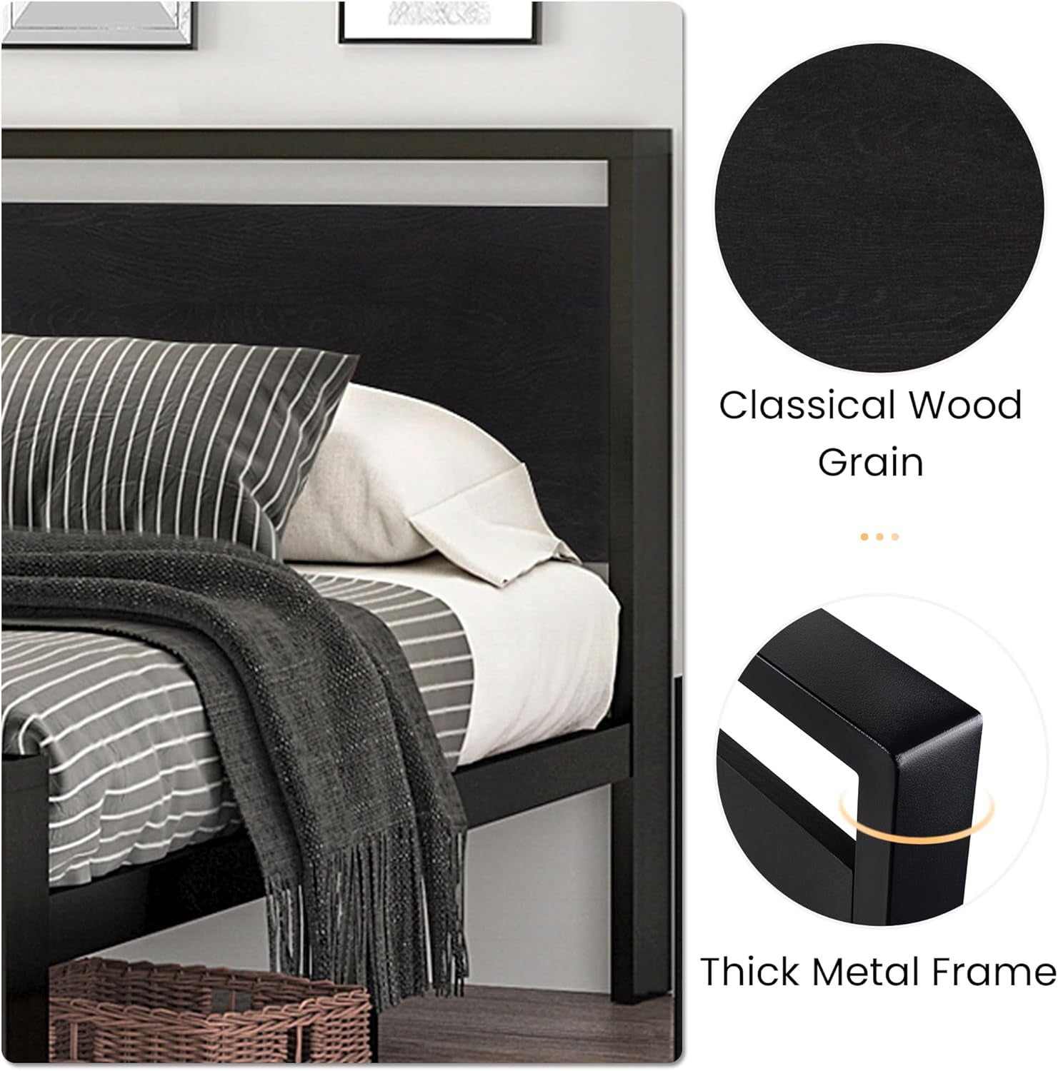 14 Inch Queen Size Metal Platform Bed Frame with Wooden Headboard and Footboard, Mattress Foundation, No Box Spring Needed, Large under Bed Storage, Non-Slip without Noise, Black Oak