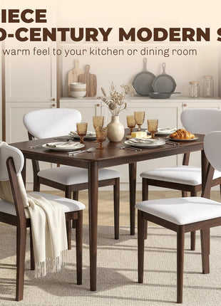 5-Piece Mid-Century Modern Dining Set for Four with Upholstered Seats and Backrests, Solid Wood Frame, Perfect for Compact Spaces, Cream White