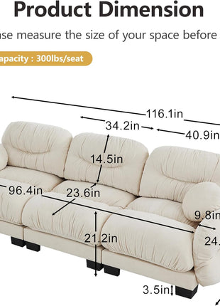 116” Modular Chenille Sectional Sofa in Cloud Style, 3-Seater Configuration, Assembly Required, Perfect for Contemporary Family Living Rooms, Elegant Beige