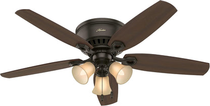 52 Inch Indoor Ceiling Fan with LED Lights - Bronze Ceiling Fan with Pull Chain, for Bedroom, Living Room, or Kitchen, Low Profile Mount, No Remote, 5 Blades - Builder 53327, New Bronze