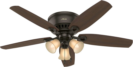 52 Inch Indoor Ceiling Fan with LED Lights - Bronze Ceiling Fan with Pull Chain, for Bedroom, Living Room, or Kitchen, Low Profile Mount, No Remote, 5 Blades - Builder 53327, New Bronze