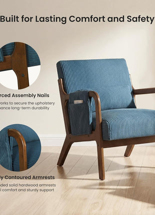 Mid-Century Modern Upholstered Accent Chair with Lumbar Support and Solid Wood Frame, Ideal for Compact Living Spaces, Navy Blue