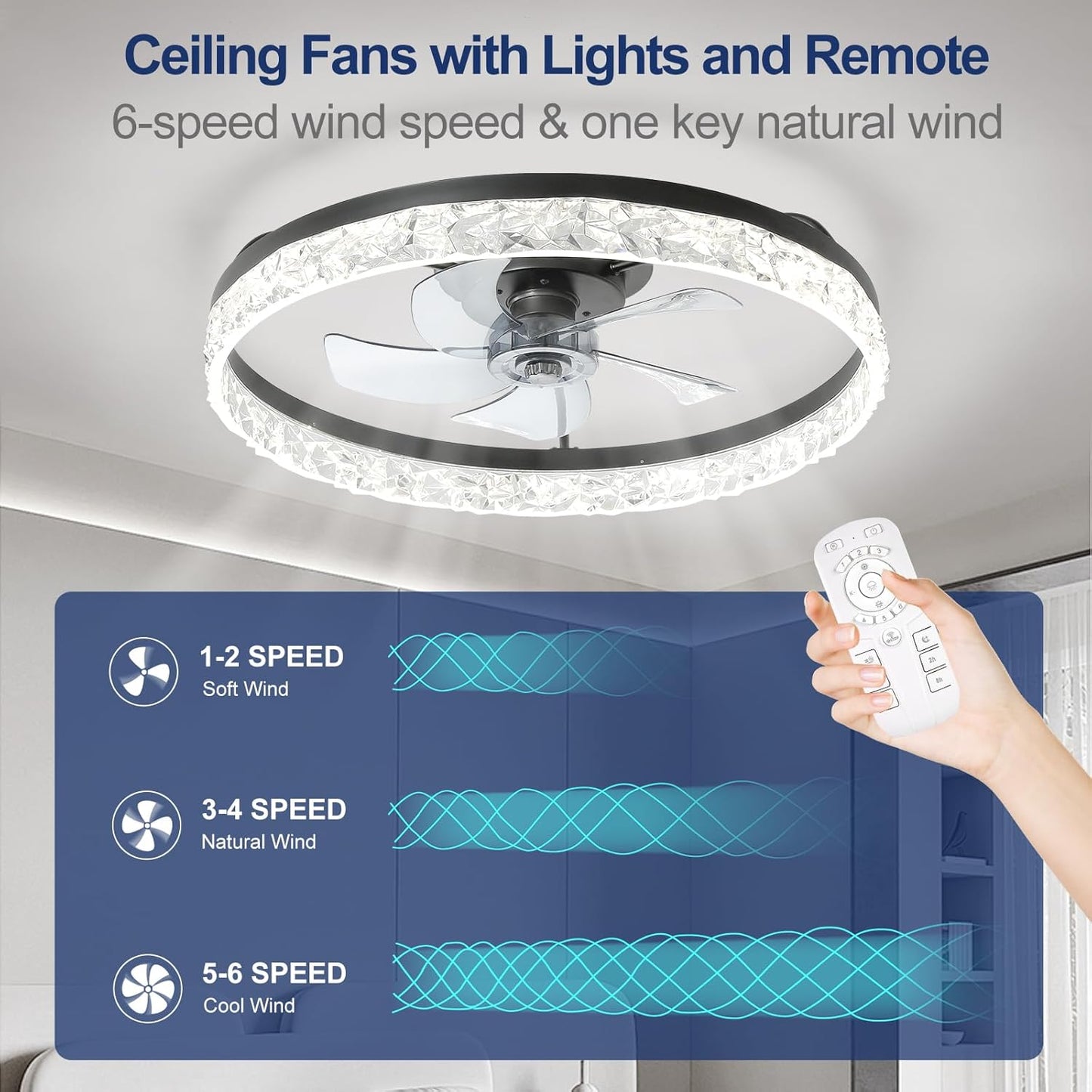 Ceiling Fans with Lights, 24 Inch Low Profile Flush Mount Fandelier Ceiling Fan with Remote, Low Noise, Reversible DC Motor, Dimmable LED Fan for Bedroom, Kitchen, Dining Room, Kids Room