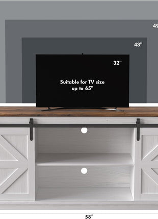 65-Inch Mid-Century Modern TV Stand with Storage Cabinets and Sliding Barn Doors in Bright White