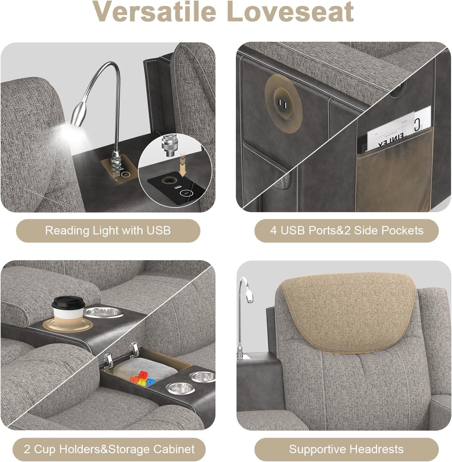 Loveseat Recliner Sofa, Manual Reclining Loveseat with Reading Light, Chic Blend Style Sofa, Storage Console, Cup Holders, USB Ports, Fabric & PU Leather, Recliner Couch for Living Room/Rv