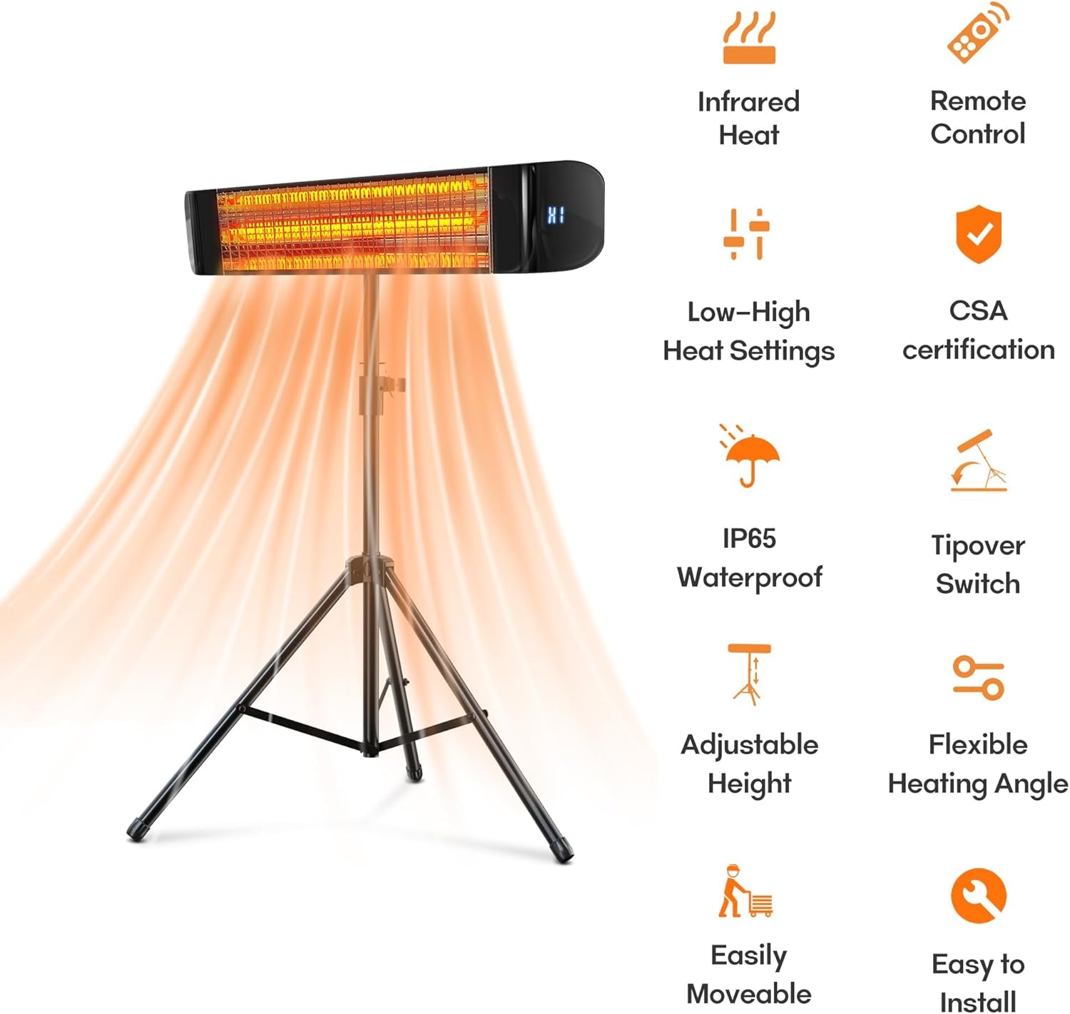 Electric Outdoor Heater, Infrared Patio Heater for Outdoor/Indoor Use, Wall Mounted/Ceiling/Tripod Infrared Heater Outdoor, 1500W Electric Patio Heater, CSA Certificate.