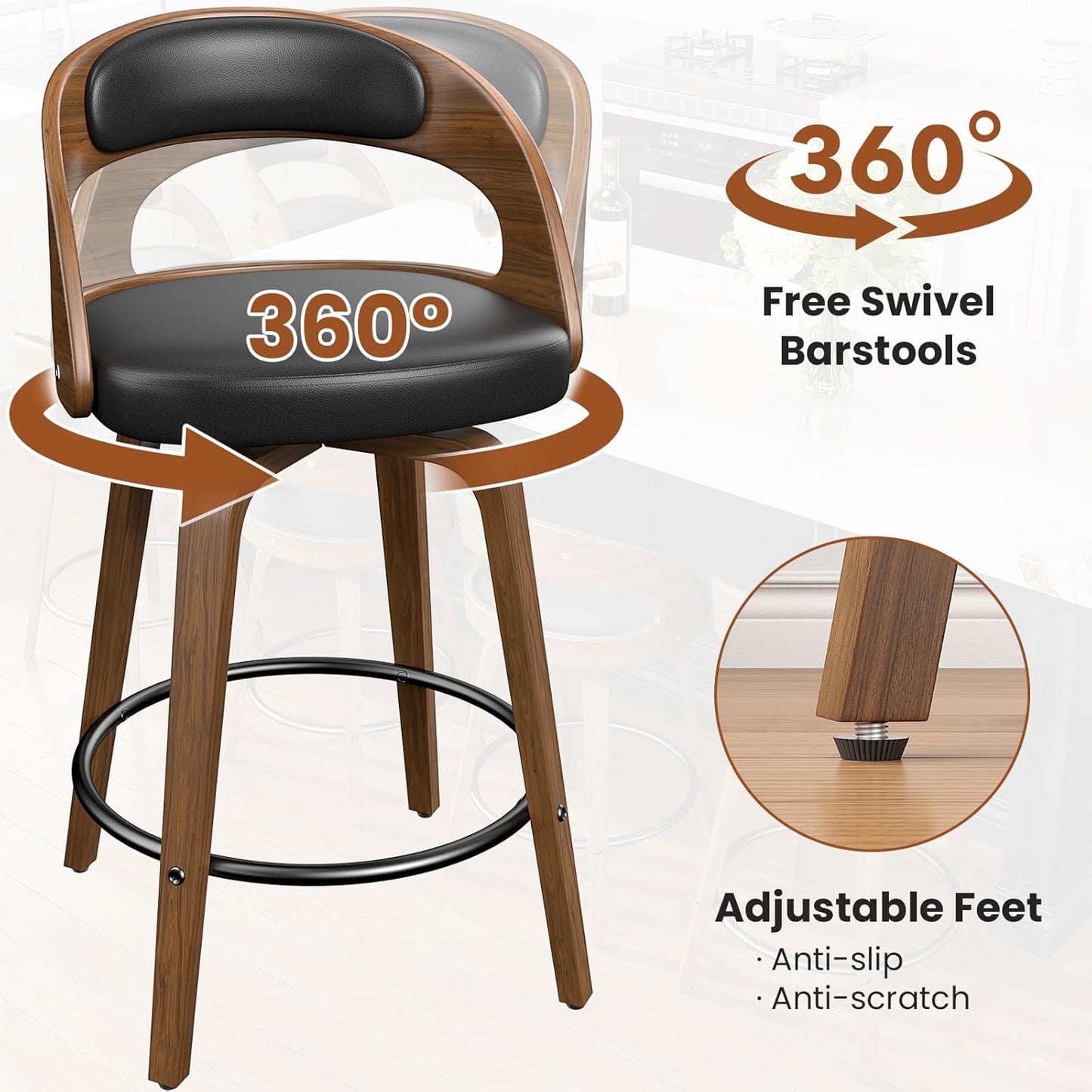 Swivel Bar Stools Set of 3, 26" Counter Height Bentwood Barstool, Mid-Century Modern PU Leather Upholstered Bar Chair with Back and Footrest, for Kitchen Island, Bar, Cafe, Dining Room, Black