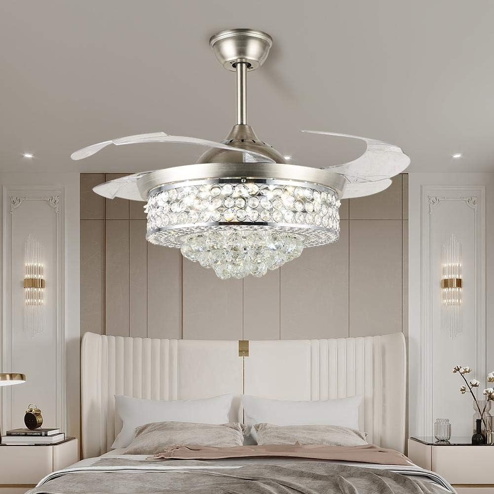 42" Crystal Ceiling Fan with Light Retractable Blades Brushed Nickel Modern LED Chandelier Remote 3 Colors 3 Speeds Change Silent Ceiling Fans Light