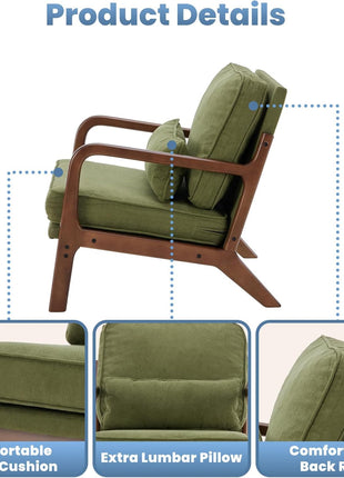 Mid-Century Modern Accent Chair with Armrests and Lumbar Support Cushion, Perfect for Living Room and Bedroom, Durable Wooden Frame, Elegant Green Finish