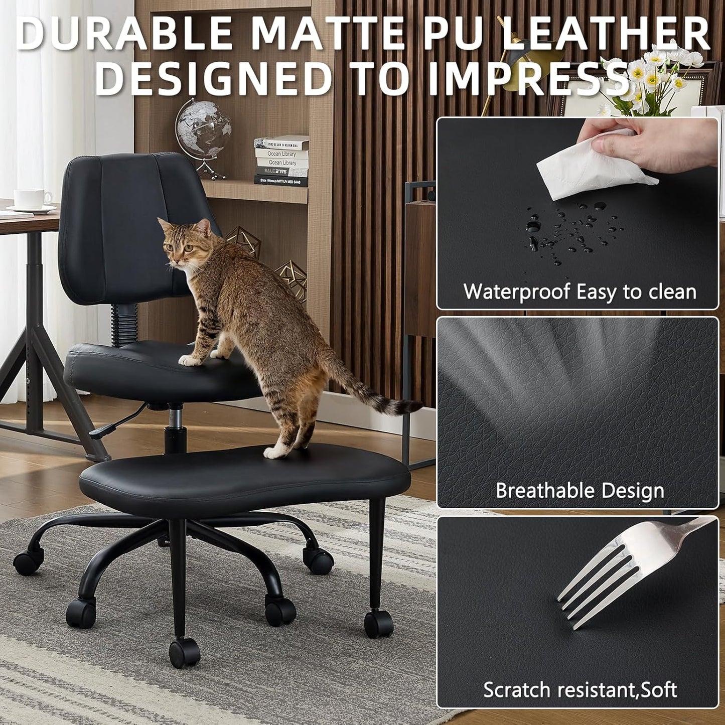 Ergonomic Cross Legged Office Chair, Criss Cross Chair with Wheels, 360°Swivel ADHD Meditation Kneeling Yoga Seat with Adjustable Height, Ergonomic Back Support and Leg Rest, Leather (Black)