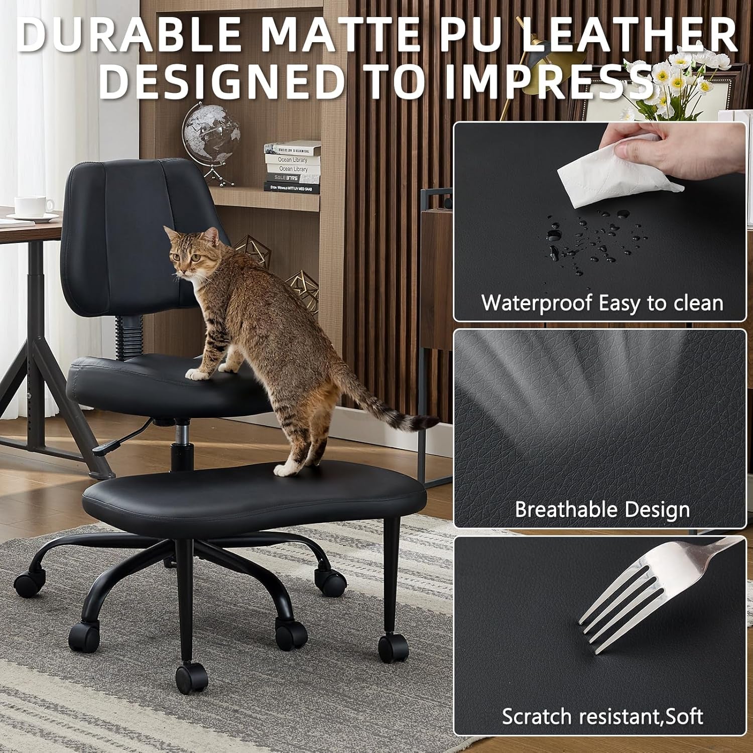 Ergonomic Cross Legged Office Chair, Criss Cross Chair with Wheels, 360°Swivel ADHD Meditation Kneeling Yoga Seat with Adjustable Height, Ergonomic Back Support and Leg Rest, Leather (Black)