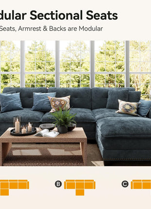 Elevate Your Living Space with the Elegant 116.1" L-Shaped Modular Cloud Couch - Ultimate Comfort with Mid-Century Modern Design, Nailhead Trim, and Plush Throw Pillows