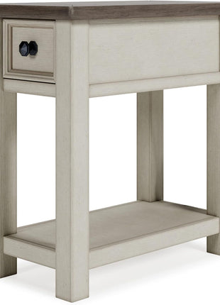 Bolanburg Chairside End Table with Charging Station by Signature Design by Ashley, Two-Tone Wood Accent Table with Drawer Storage and Plank Top in Antique White Finish for Living Room or Bedroom