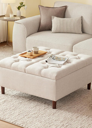 35-Inch Extra Large Upholstered Storage Ottoman Coffee Table, No Assembly Required, Oversized Square Design in Beige Fabric for Living Room