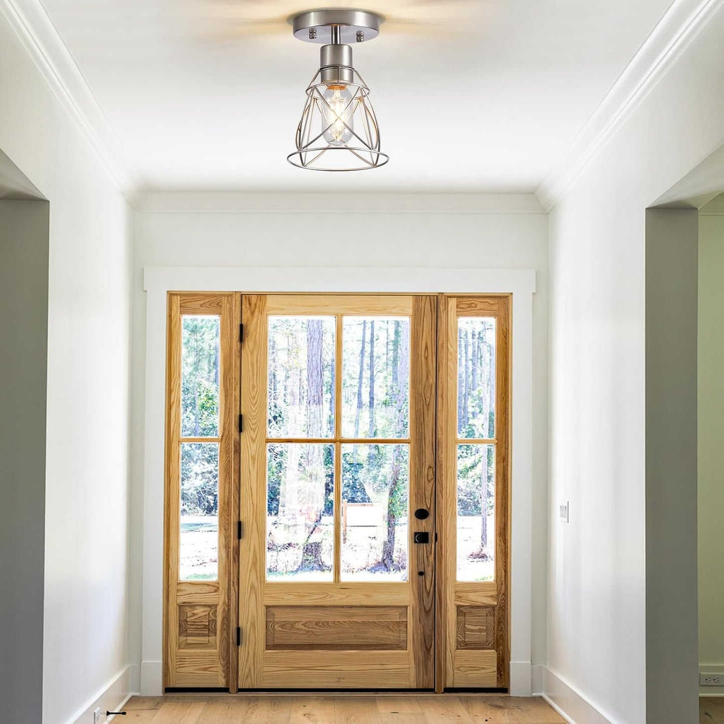 1 Light Semi Flush Mount Ceiling Light Fixture, Rustic Modern Framhouse Brushed Nickel Kitchen Ceiling Light with Metal Cage Shade for Foyer Kitchen Hallway Entryway Bedroom(1 Pack)