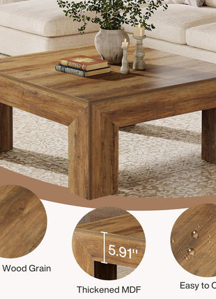 39.4-Inch Square Coffee Table - Farmhouse-Style MDF Accent Table with Durable Wooden Legs and Simple Assembly in Rustic Brown