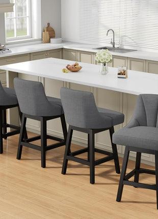 Set of 2 Modern Upholstered Linen Fabric Swivel Bar Stools, 26-Inch Counter Height with Backs, Solid Wood Legs in Dark Gray for Kitchen Island and Dining Room