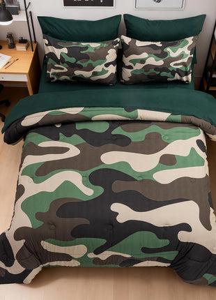 Twin Size Camouflage Bedding Comforter Set with Sheets - 5 Piece Bed in a Bag for Boys, Girls, and Teens - Neutral Farmhouse Lodge Cabin Army Green Bedspread