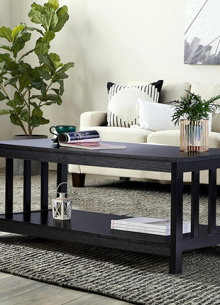 Mission Style Black Wood Coffee Table with Shelf, 40-Inch Living Room Accent Table