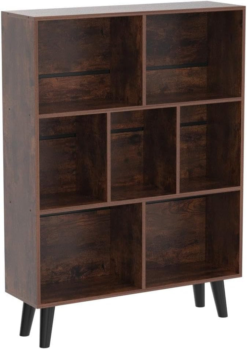 Cube Bookshelf 3 Tier Mid-Century Rustic Brown Modern Bookcase with Legs,Retro Wood Bookshelves Storage Organizer Shelf,Freestanding Open Book Shelves for Bedroom,Living Room,Office