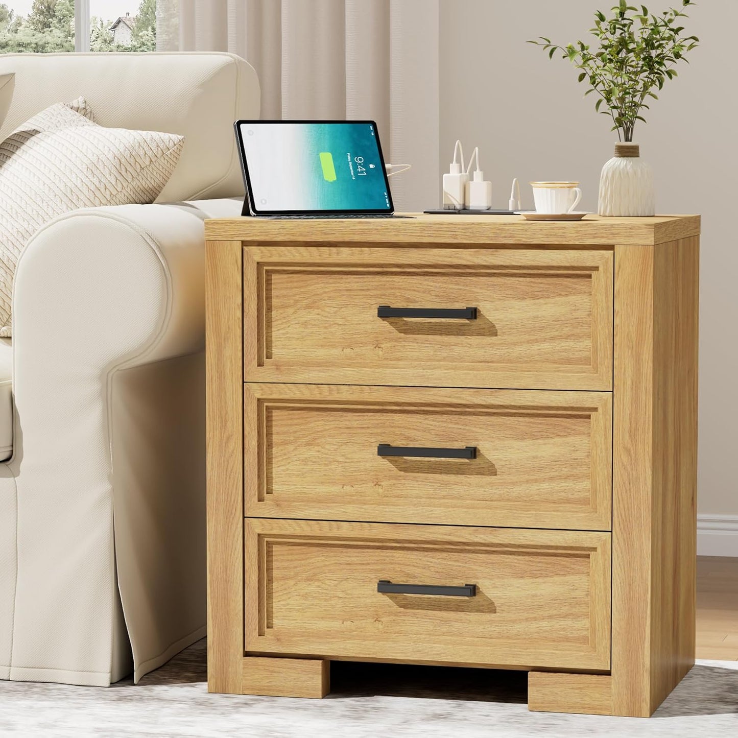 24" Wide Nightstand Set of 2, Night Stand with Charger Station, Bedside Table with 3 Drawers, Sofa Side Table for Bedroom, Living Room, Entryway, Natural Oak