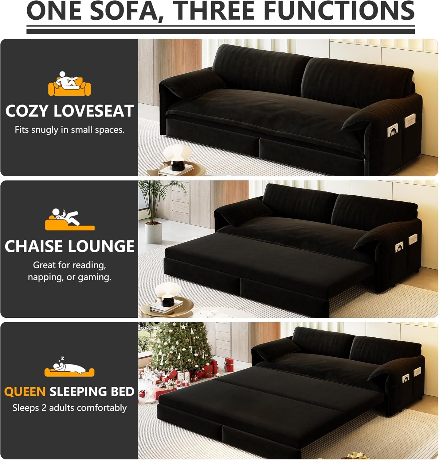 63.8" Futon Sofa Bed Queen Size, Pull Out Bed, 3-In-1 Convertible Sleeper Sofa with Side Pocket, Modern Velvet Futon Couch for Living Room, Small Space, Apartment, Bedroom, Black